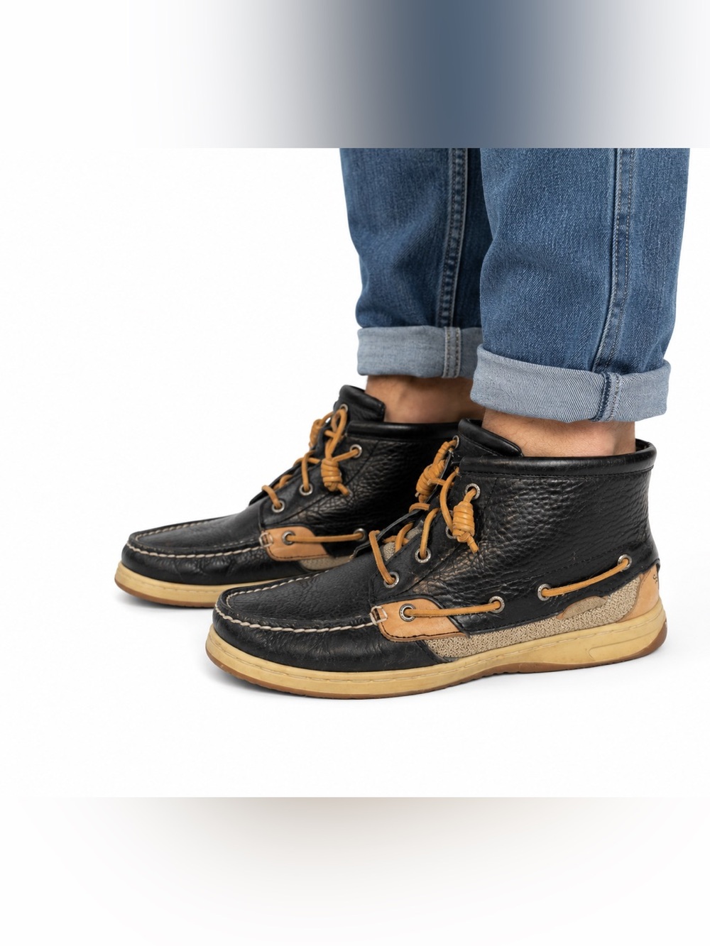 Sperry Size 8 High Top Black and Tan‎ Boat Shoes with Side Zipper